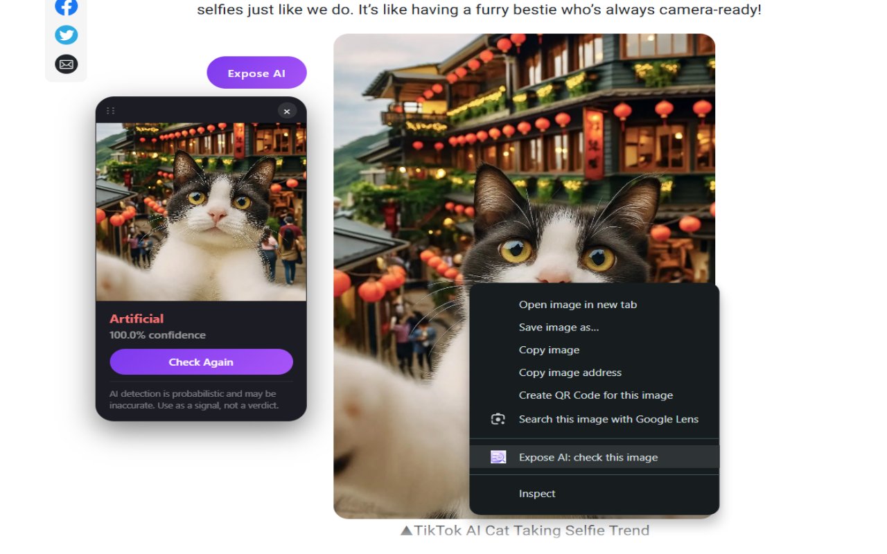 ExposeAI overlay detecting AI-generated media on a cat image